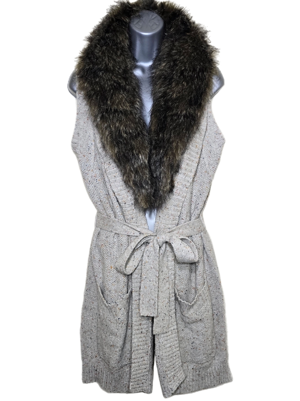 Cato Faux Fur Collar Knit Sweater Vest Size L Oatmeal Speckled